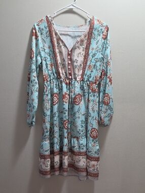 Boho Floral V-Neck Long Sleeve Dress in Light Blue and Rust